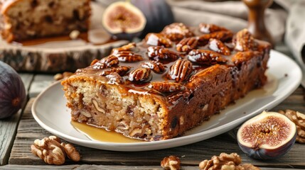 A slice of moist fig cake studded with crunchy walnuts, drizzled with a fragrant honey glaze.