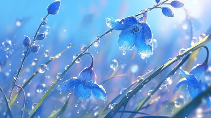 Wall Mural - Blue Flowers and Dewdrops in a Dreamy Field