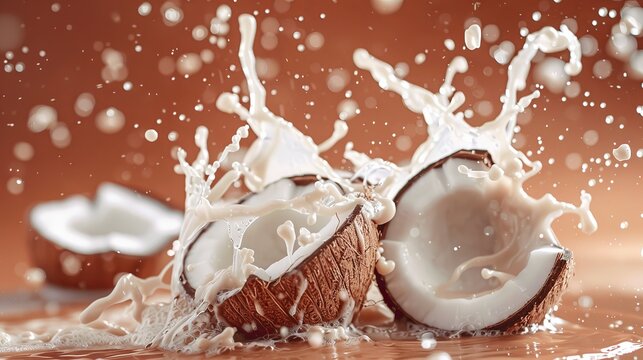 a coco nut splashing on a floor in two pieces , white coconut milk and juice splashes flying everywhere against a solid color background , coconut juice milk advertisement , health benefits depiction