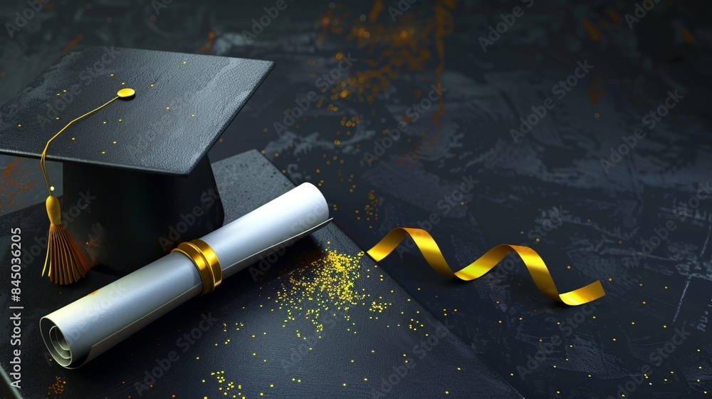 Graduation Cap and Diploma with Golden Ribbon on Dark Background ...