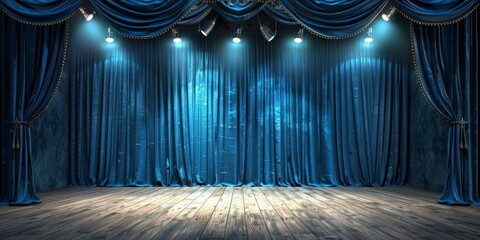 A stage with blue velvet curtains and spotlights shining down onto the wooden floor