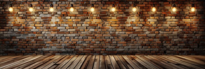 A brick wall with hanging light bulbs and a wooden floor in a dimly lit room