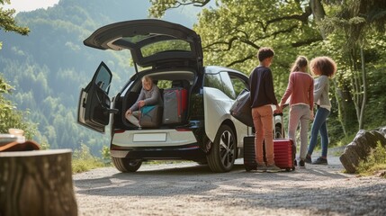 Wall Mural - A family is loading luggage into the rear of their vehicle for a leisurely travel, surrounded by trees and plants. AIG41