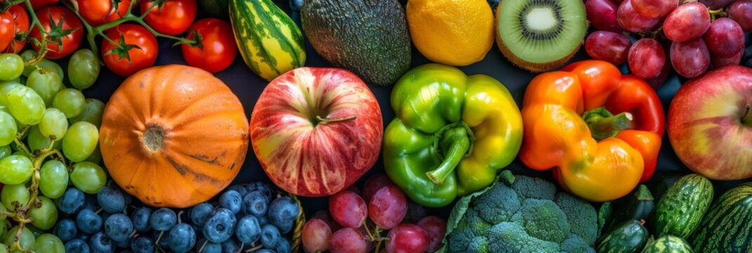 A close-up image showcasing a variety of fresh fruits and vegetables arranged together, highlighting their vibrant colors and textures