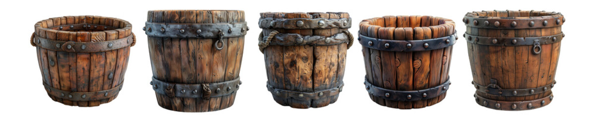 Old wooden bucket on transparent background png