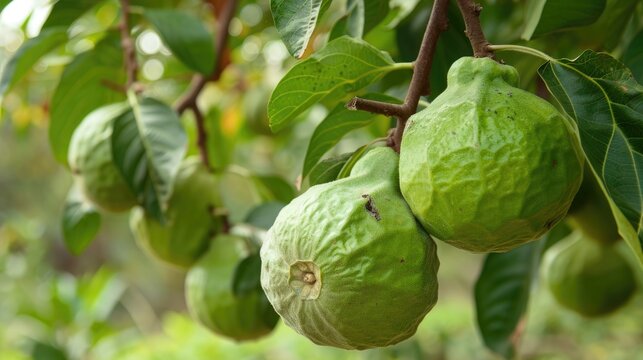 Guava fruit hanging from tree branch