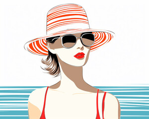 Stylish woman in a red hat and sunglasses by the sea. Summer fashion illustration depicting elegance and holiday vibes.