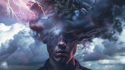 Wall Mural - young man, sky with thunderstorm, expressing confused thoughts generative ai