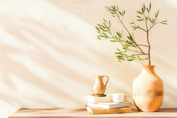 Wall Mural - Neutral Mediterranean home design. Textured vase with olive tree branches, cup of coffee. Books on wooden table. Living room still life. Empty wall copy space.