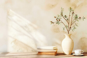 Wall Mural - Neutral Mediterranean home design. Textured vase with olive tree branches, cup of coffee. Books on wooden table. Living room still life. Empty wall copy space.