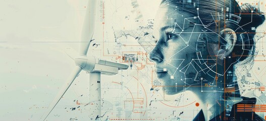 Close-up portrait of a young woman's face, with a circuit board pattern overlay.