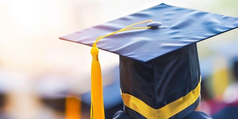 A close-up shot of a graduates cap and gown, with a yellow tassel, at an outdoor graduation ceremony