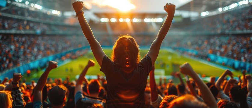 Excited crowd cheering at a sports event in a stadium at sunset, celebrating a thrilling game with raised hands and vibrant energy.
