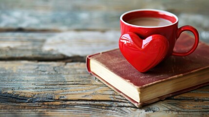 Wall Mural - Coffee cup with heart shape next to book on wooden table