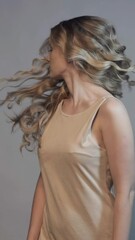 Wall Mural - Vertical slow motion video of woman turns her head, waving long wavy hair. Female hair beauty concept.