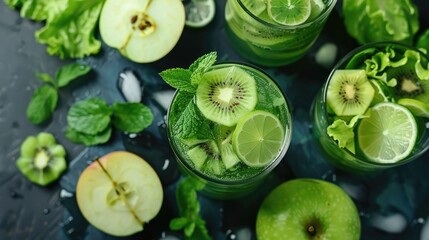 Wall Mural - Healthy detox drink with green apple kiwi lemon and salad for detoxifying and weight management