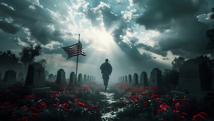 Dramatic scene of an American soldier walking through a cemetery at sunset