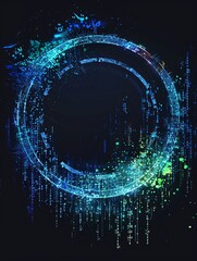 Wall Mural - an abstract technology circle made with computer code in blue and green on a black background.