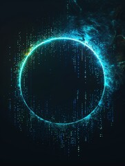 Wall Mural - an abstract technology circle made with computer code in blue and green on a black background.