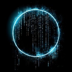 Wall Mural - an abstract technology circle made with computer code in blue and green on a black background.