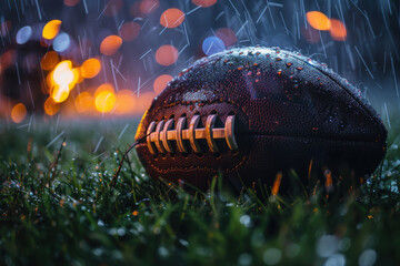 Canvas Print - A football is on the ground in a field with rain and lightning