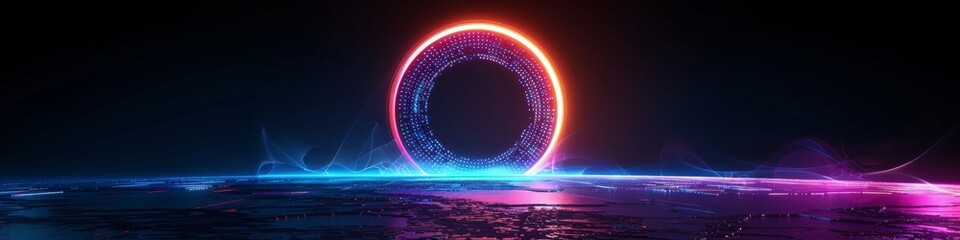 Wall Mural - an abstract technology circle with computer code in vibrant purple and blue on a black background.