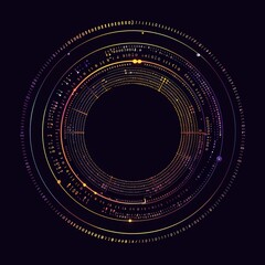 Wall Mural - an abstract technology circle with computer code in vibrant purple and blue on a black background.