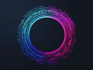 Wall Mural - an abstract technology circle with computer code in vibrant purple and blue on a black background.