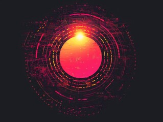 Wall Mural - an abstract technology circle with computer code in vibrant purple and blue on a black background.
