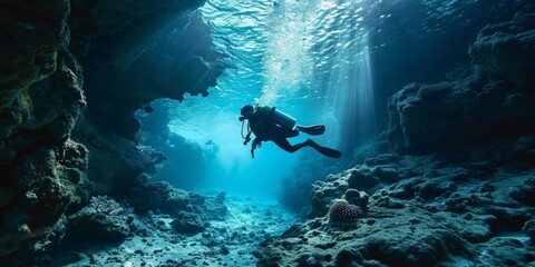 scuba drivers through tunnel under the ocean with fish and undersea life wonders around them as wide banner design with big copyspace area, Generative AI 