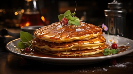 Wall Mural - Close-Up of pile of pancakes with melted sweet syrup and fruit toppings with a blurred background