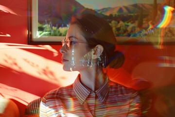 Wall Mural - A woman with brown hair and glasses sits in a room with red walls. The light from a window casts a shadow on her face