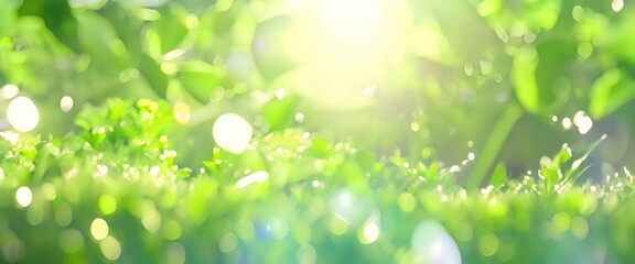 Sticker - Spring summer background with a frame of grass and leaves on nature. Juicy lush green grass on meadow with drops of water dew sparkle in morning light outdoors close-up