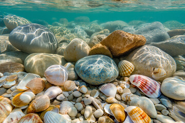 Sea and ocean life creative advertising concept. Close up of the seabed. Beautiful wet colorful shiny stones, starfish and shells under raindrops or sea spray. background, wallpaper