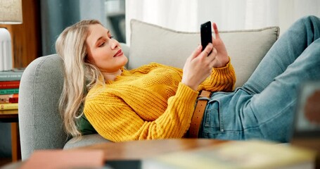 Poster - Relax, home and woman with phone on sofa for online chatting, communication and networking. Relax, living room and person on break for remote work on smartphone for social media, website and internet