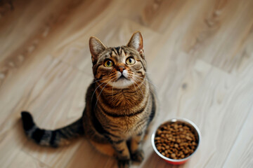 A cat sitting on floor looking up a bowl of cat food.