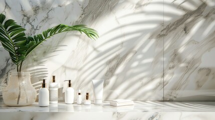 Wall Mural - Spa Setting with Cosmetic Products on White Desk by Marble Wall