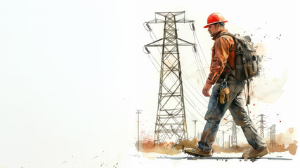 Brown watercolor paint of an engineer work on high voltage electricity network