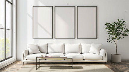 Wall Mural - Modern, white minimalist interior. Modern interior design for posters in the living room layout with a white sofa with space to copy. High quality photo