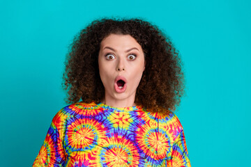 Wall Mural - Photo of shocked cute girl open mouth wear stylish vivid print clothes wow sale isolated on cyan color background