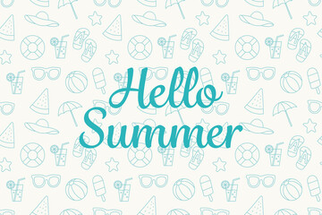 Poster - Hello summer seamless pattern with various beach accessories such as umbrellas, sunglasses and balls. The blue and white color scheme in the image gives a cheerful impression