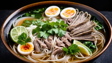 Wall Mural - Simple Elegance, Noodle Soup with Garnished Sliced Eggs and Fresh Cilantro