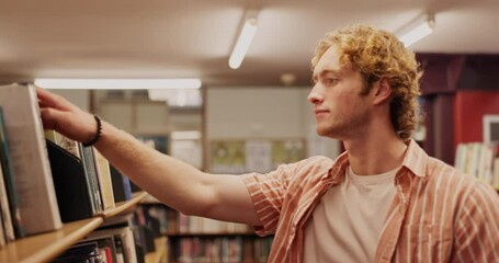 Poster - Search, student and man in library looking for textbook with education, knowledge or learning. University, information and male learner at bookshelf for studying, project research or scholarship