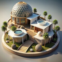 Wall Mural - 3D Render of an eco-friendly resort, on isolated white background, Generative AI