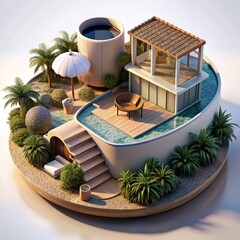 Wall Mural - 3D Render of an eco-friendly resort, on isolated white background, Generative AI