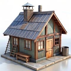 Wall Mural - 3D Render of an off-grid cabin, on isolated white background, Generative AI