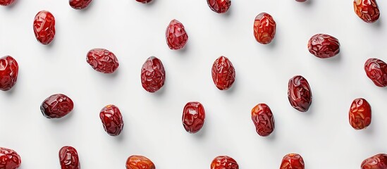 Wall Mural - Dried dates arranged creatively on a white backdrop in a flat lay style. Emphasizing a food concept.