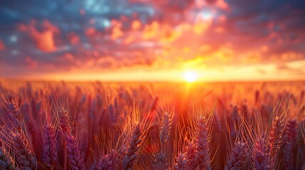 Poster - A radiant sunset bathes a vibrant wheat field in a warm glow, symbolizing abundance and prosperity.