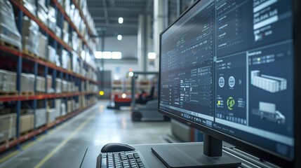 Sticker - An advanced logistic software interface on a monitor with an operational AGV in the background, underscoring warehouse management innovation.