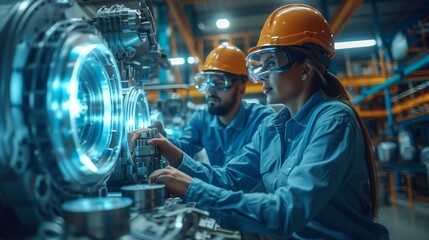 Engineers Working on Advanced Industrial Machinery. Two engineers in hard hats work on advanced industrial machinery with glowing blue components, emphasizing teamwork and technical skill.